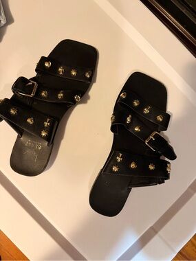BEAST FASHION Black Slide Sandals with Gold Studs